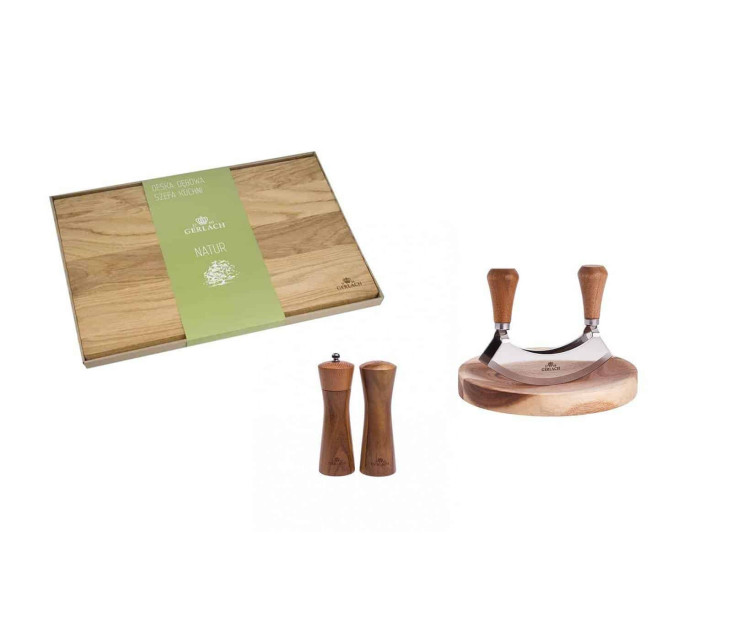 Wooden salt shaker and pepper mill NATUR + cutting board + herb chopper