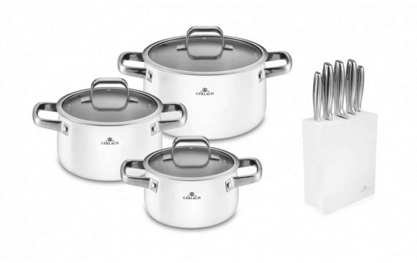 6-piece set of PRIME WHITE pots + set of knives in a white block