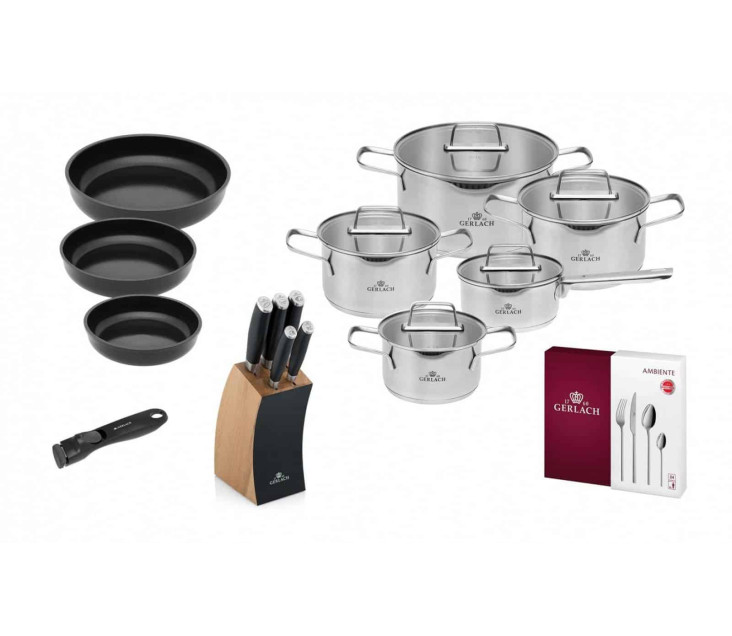 10-piece cookware set AMBIENTE + 24-piece cutlery set + 3 frying pans with detachable handle + knife set in a block