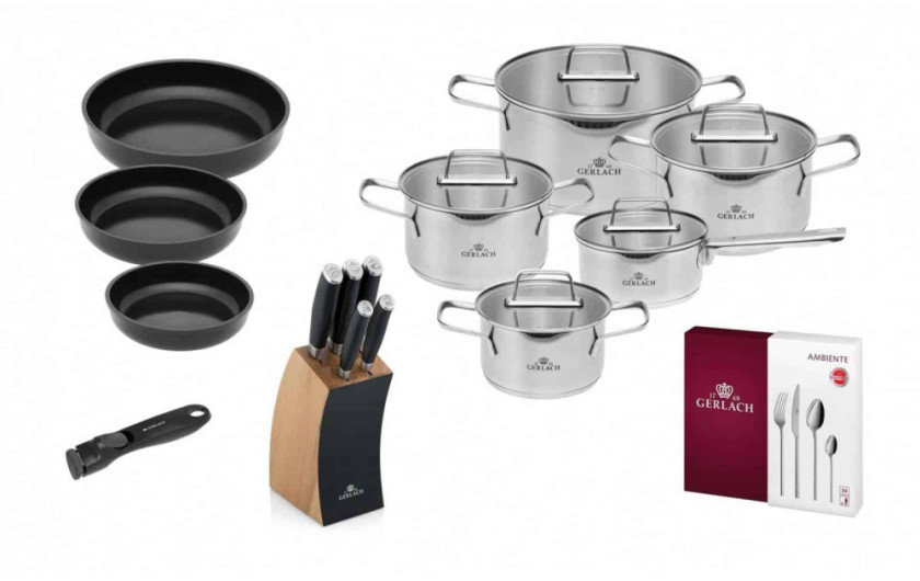 10-piece AMBIENTE cookware set + 24-piece cutlery set + 3x pans with detachable handle + knife set in a block.
