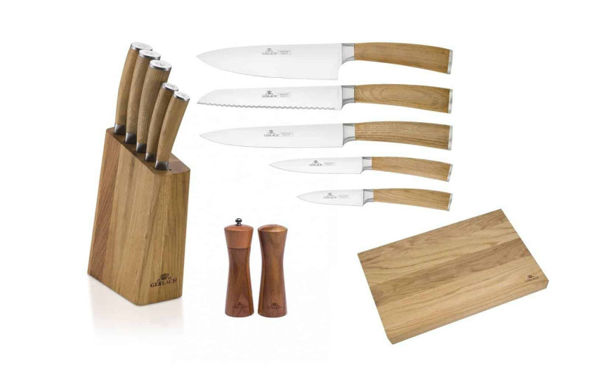 Knife set in block NATUR + cutting board + salt shaker and pepper mill