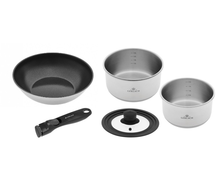 SMART STEEL dishes set: 18/20 pots (2.0 and 2.5l) + 28 wok pan + handle + lid (16/18/20)