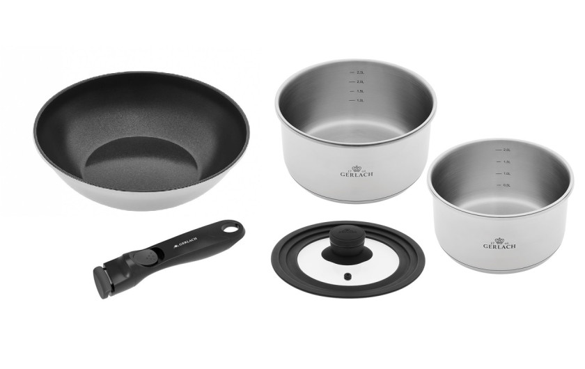 SMART STEEL dishes set: 18/20 pots (2.0 and 2.5l) + 28 wok pan + handle + lid (16/18/20)