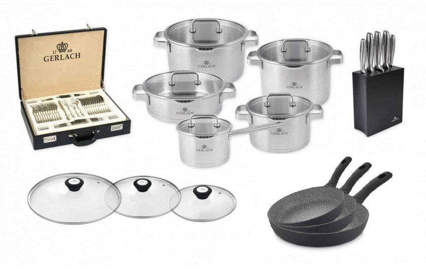 PRESTIGE PLUS pot set + MUZA 68 pcs cutlery set + Modern knife set + 3x Granitex Grey frying pans + lids