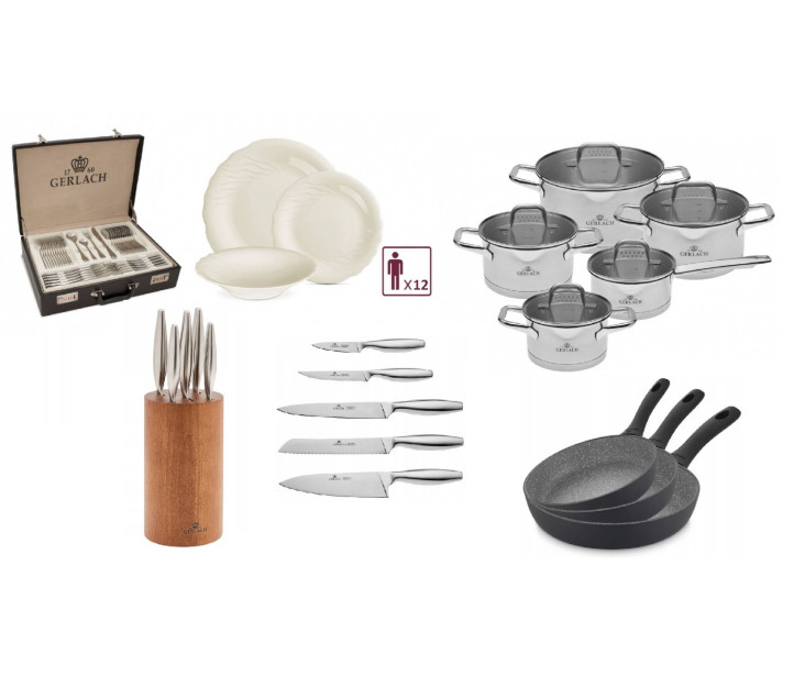Cookware set MODEL + Set of 3 GRANITEX GREY frying pans + Fine knife set + 68-piece cutlery set in a case + Dinner service set 3