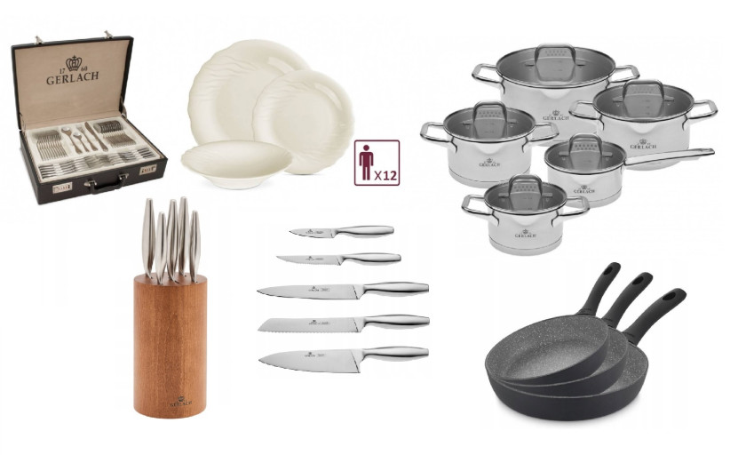 Cookware set MODEL + Set of 3 GRANITEX GREY frying pans + Fine knife set + 68-piece cutlery set in a case + Dinner service set 3 Cookware set MODEL + Set of 3 GRANITEX GREY frying pans + Fine knife set + 68-piece cutlery set in a case + Dinner service set 3