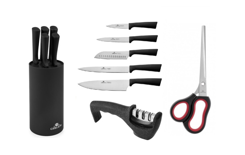 Set of knives in SMART BLACK block + GRANITEX 3 in 1 sharpener + 205 mm universal scissors ASSIST