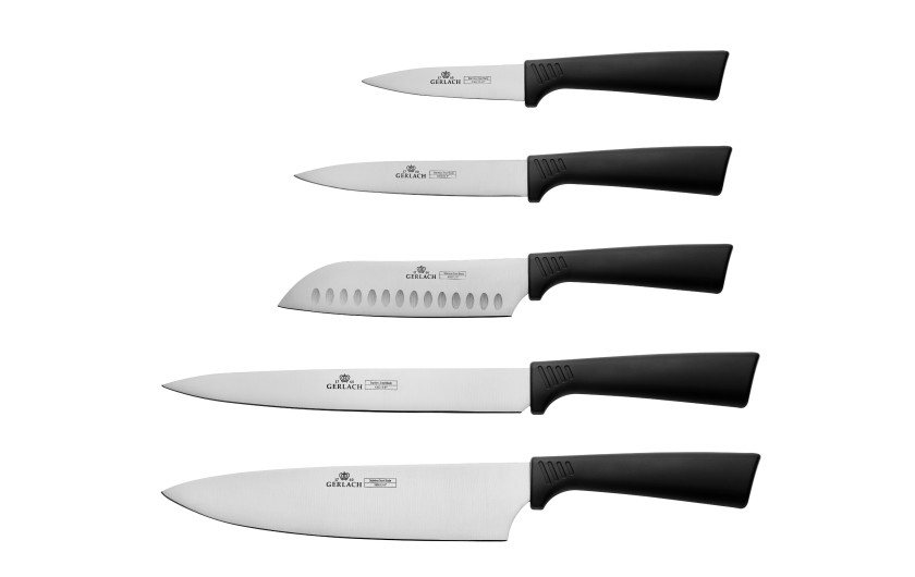 Set of knives in SMART BLACK block + GRANITEX 3 in 1 sharpener + 205 mm universal scissors ASSIST