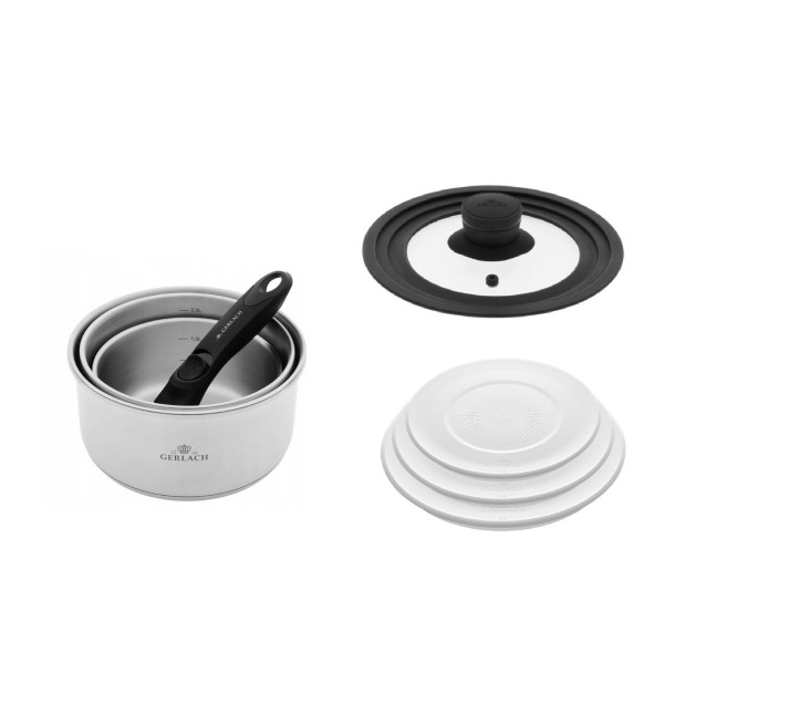 4-piece cookware set SMART STEEL + SMART universal lid 16cm, 18cm, 20cm + 3-piece storage lids - white
