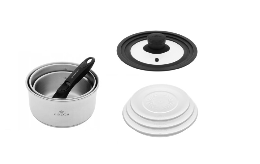 Set of 4 SMART STEEL pots + SMART universal lid 16cm, 18cm, 20cm + 3-piece storage lids - white.