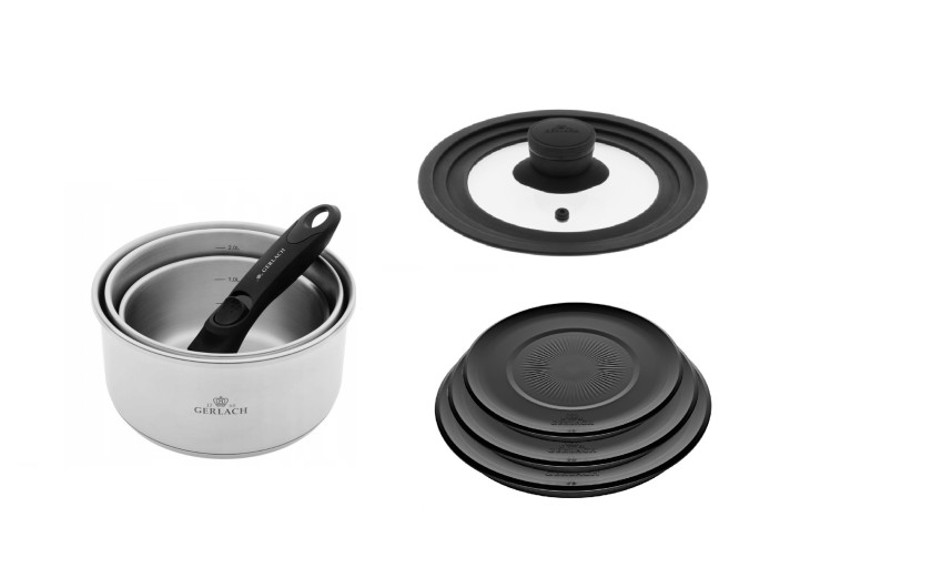 SMART STEEL 4-piece pot set + SMART universal lid 16cm, 18cm, 20cm + 3-piece storage lid set - black.