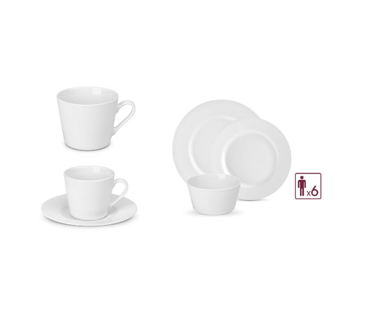 MODERN porcelain service 36 pieces for 6 people: 18 dinner plates + 12 cups with saucers + mugs
