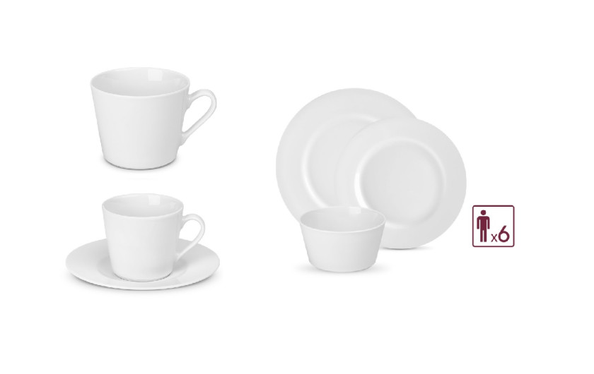 Porcelain set MODERN for 6 people: dinner plates 18 pieces + cups with saucers 12 pieces + mugs