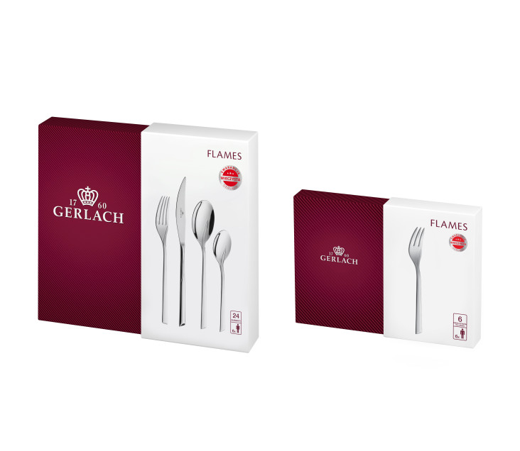 Set of 24 FLAMES polished utensils + 6 cake forks.