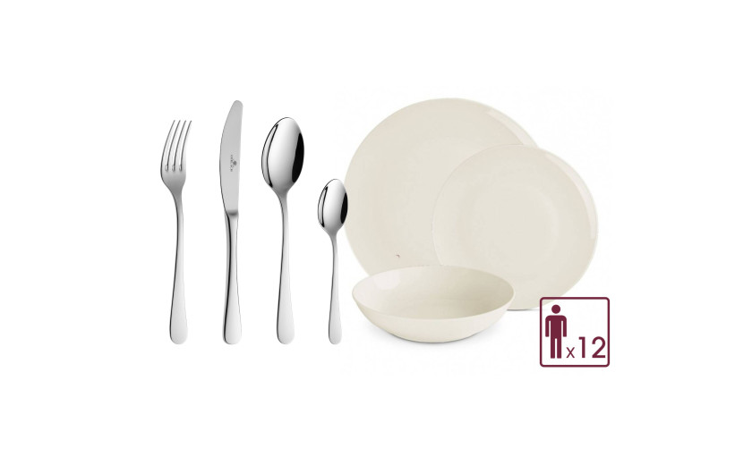 FLOW Set of 36 dinner plates for 12 people + Set of 60 cutlery pieces.