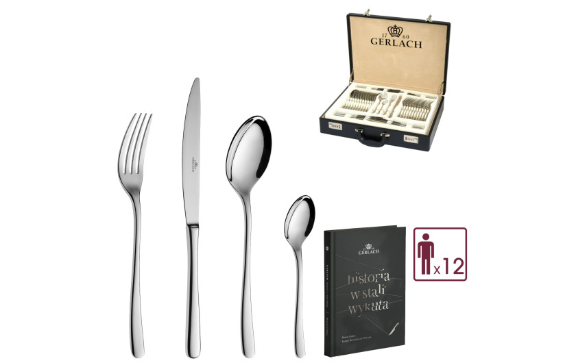 Set of cutlery 68 pieces, glossy MUZA + suitcase + book "History Forged in Steel"