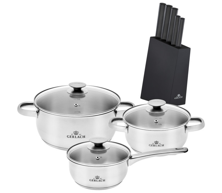 6-piece pot set FIRST + Set of knives in block AMBIENTE BLACK