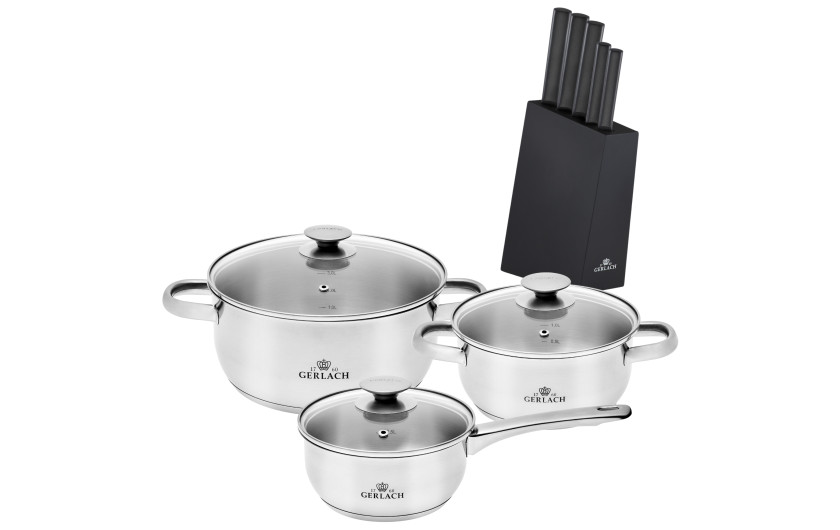 6-piece pot set FIRST + Set of knives in block AMBIENTE BLACK