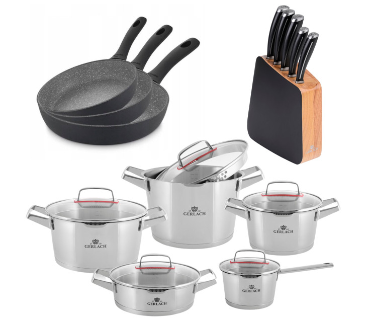 10-piece cookware set SUPERIOR + knife set in block + 3 frying pans 20, 24, 28 cm