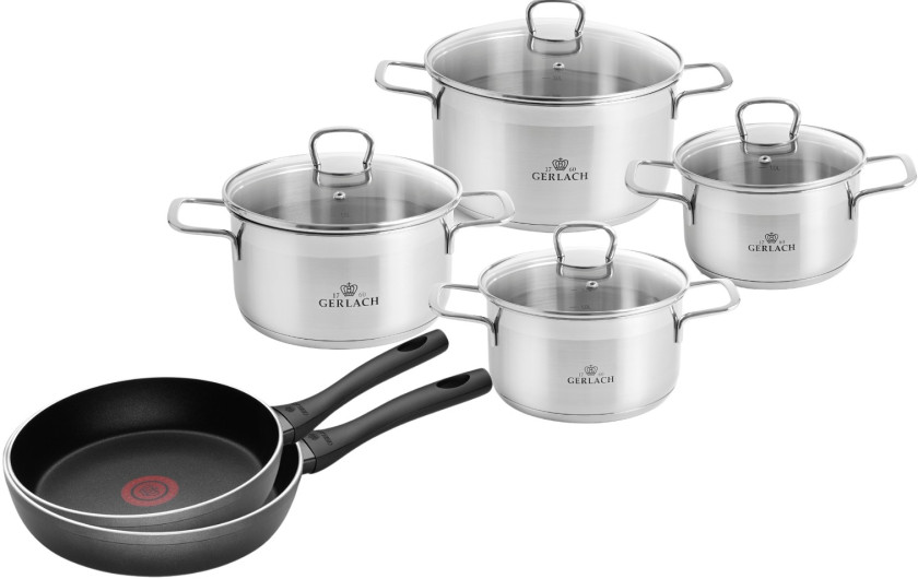 Set of 8 BRAVA pots + 2 CONTRAST ThermoCoat pans 24 and 28 cm.