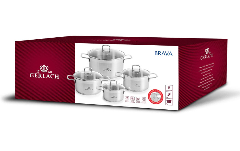 Set of 8 BRAVA pots + 2 CONTRAST ThermoCoat pans 24 and 28 cm.
