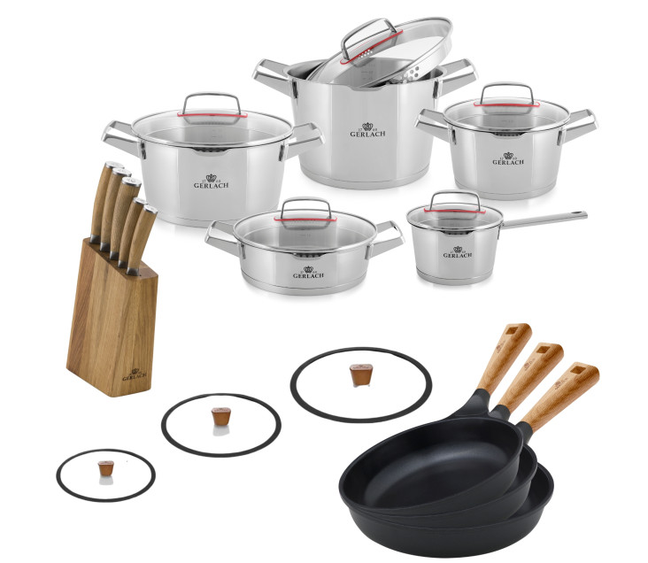10-piece pot set SUPERIOR + 3 frying pans 20/24/28 cm + 3 lids + NATUR knife block