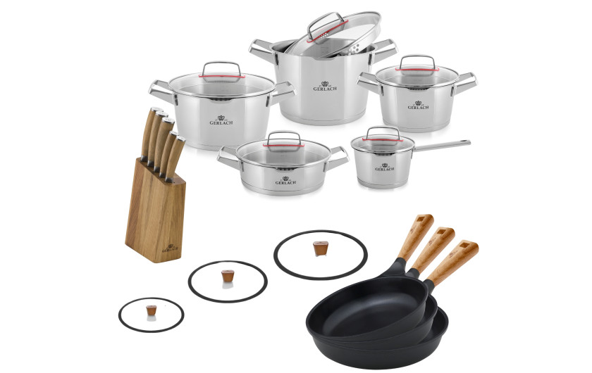 10-piece pot set SUPERIOR + 3 frying pans 20/24/28 cm + 3 lids + NATUR knife block