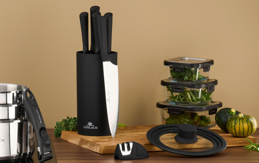 Set of knives in the SMART BLACK block + SMART Mini sharpener + NATUR oak cutting board 30x24 cm