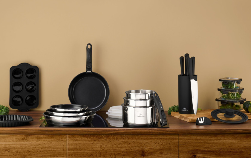 SMART STEEL cookware set: pots 18/20 (2.0 and 2.5l) + wok pan 28 + handle + lid (16/18/20)