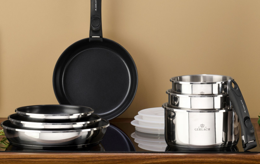 SMART STEEL cookware set: pots 18/20 (2.0 and 2.5l) + wok pan 28 + handle + lid (16/18/20)