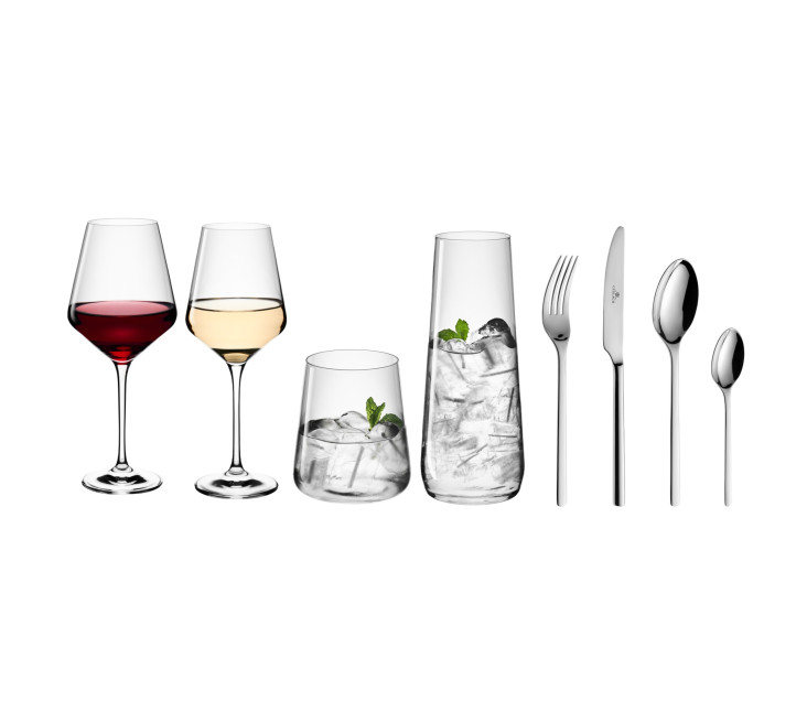 MODERN carafe + set of glasses for white and red wine + glasses + cutlery set for 6 people
