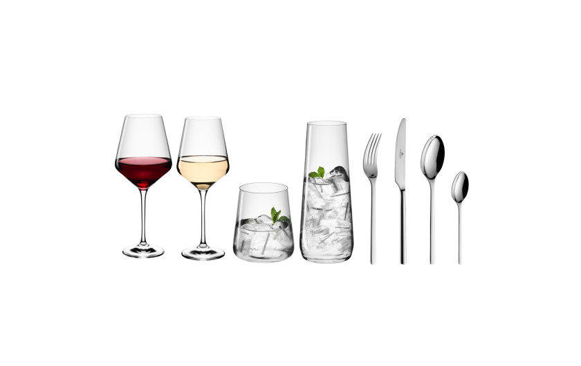 MODERN carafe + set of glasses for white and red wine + glasses + cutlery set for 6 people