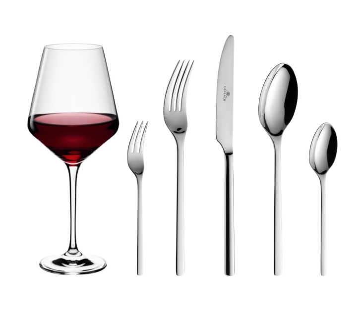 MODERN cutlery set 24 pcs. + cake forks 6 pcs. + red wine glasses 6 pcs.