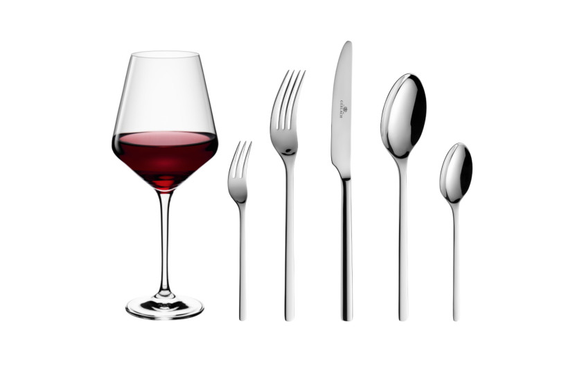 MODERN cutlery set 24 pcs. + cake forks 6 pcs. + red wine glasses 6 pcs.