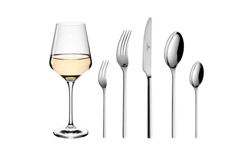 MODERN cutlery set 24 pcs. + dessert forks 6 pcs. + white wine glasses 6 pcs.