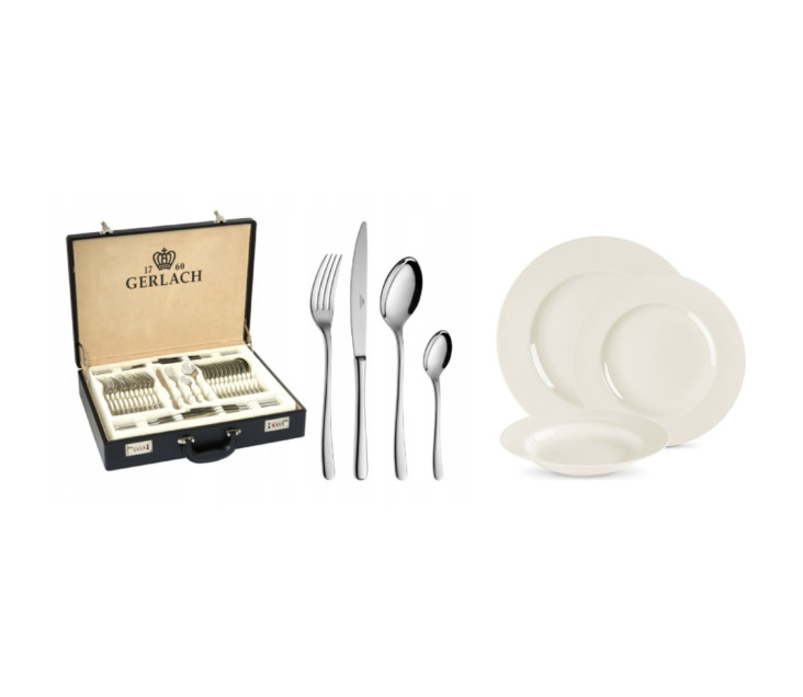 MUZA table set for 12 people: dinner plates 36 pieces + MUZA cutlery set 68 pieces gloss + suitcase