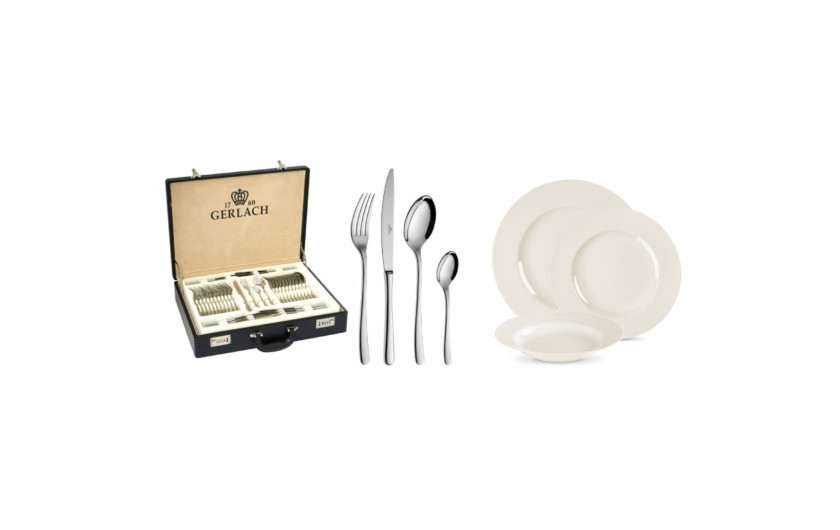 MUZA table set for 12 people: dinner plates 36 pieces + MUZA cutlery set 68 pieces gloss + suitcase