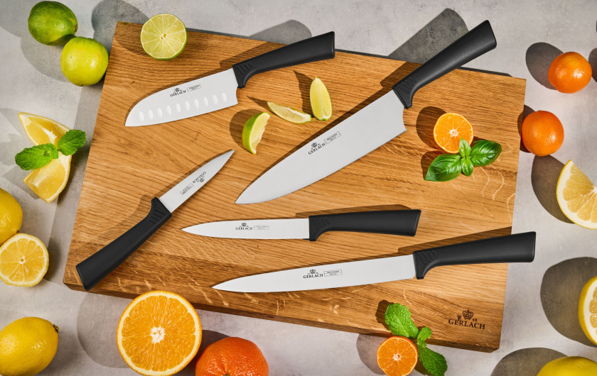 Set of knives in the SMART BLACK block + SMART Mini sharpener + NATUR oak cutting board 30x24 cm